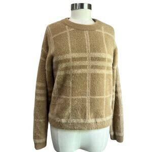 Cyrus Women's Boden Plaid Fuzzy Cozy Tan & Cream Sweater Sz M‎